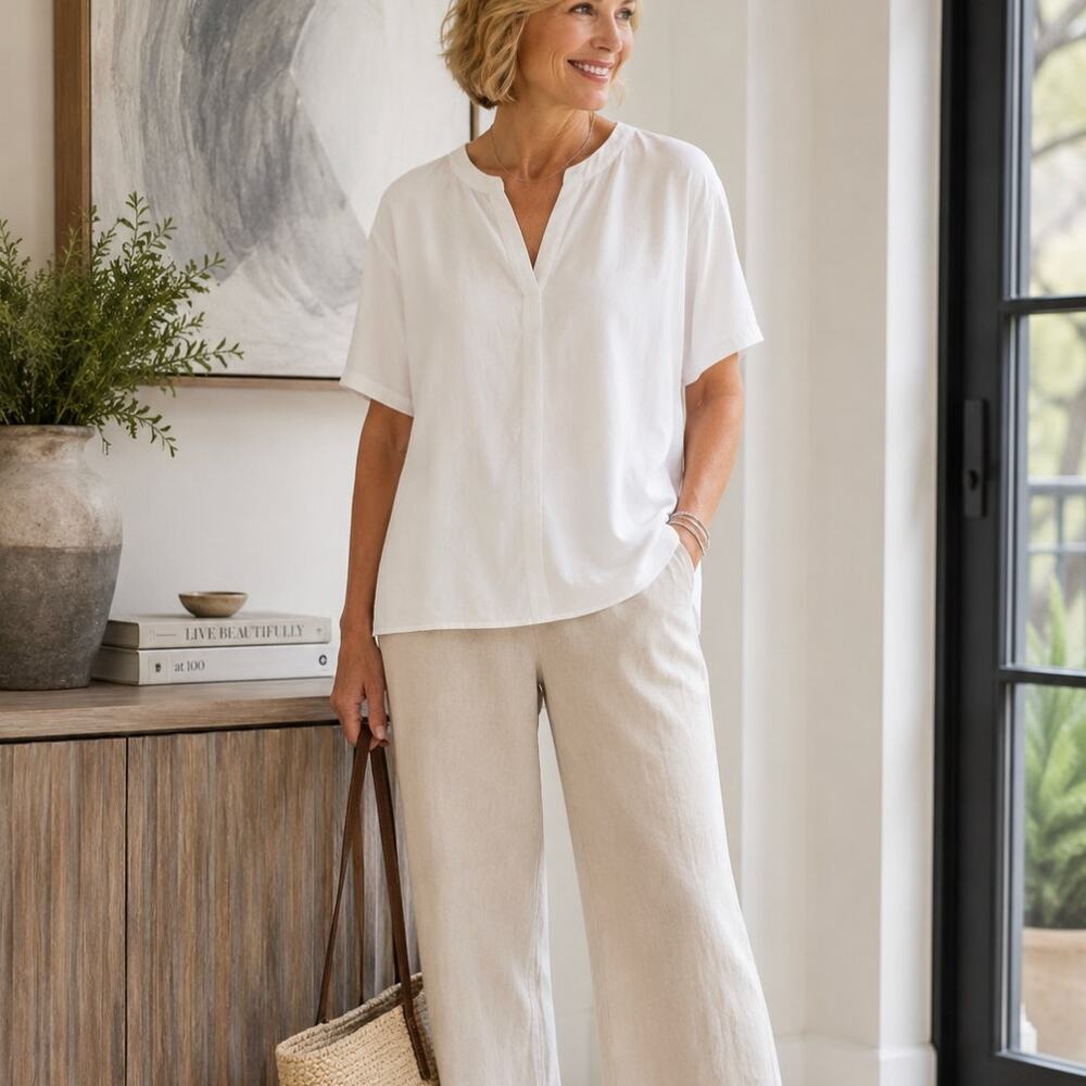 Eileen Fisher White Tencel Lyocell Blouse Size L Short Sleeve Relaxed Tunic Top